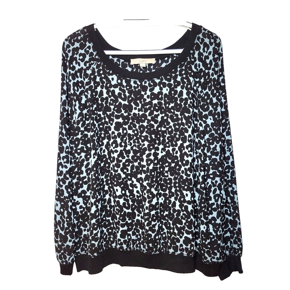 Loft Blue Leopard Print‎ Top Ribbed Neck/Cuff/Waist Raglan Long Sleeve Size XL